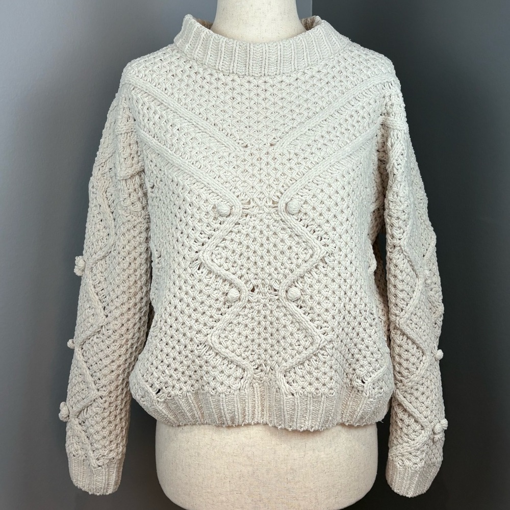 Aqua Bubble Knit Cropped Sweater Size S Cream Yarn Balls Design Loose Knit Cute!
